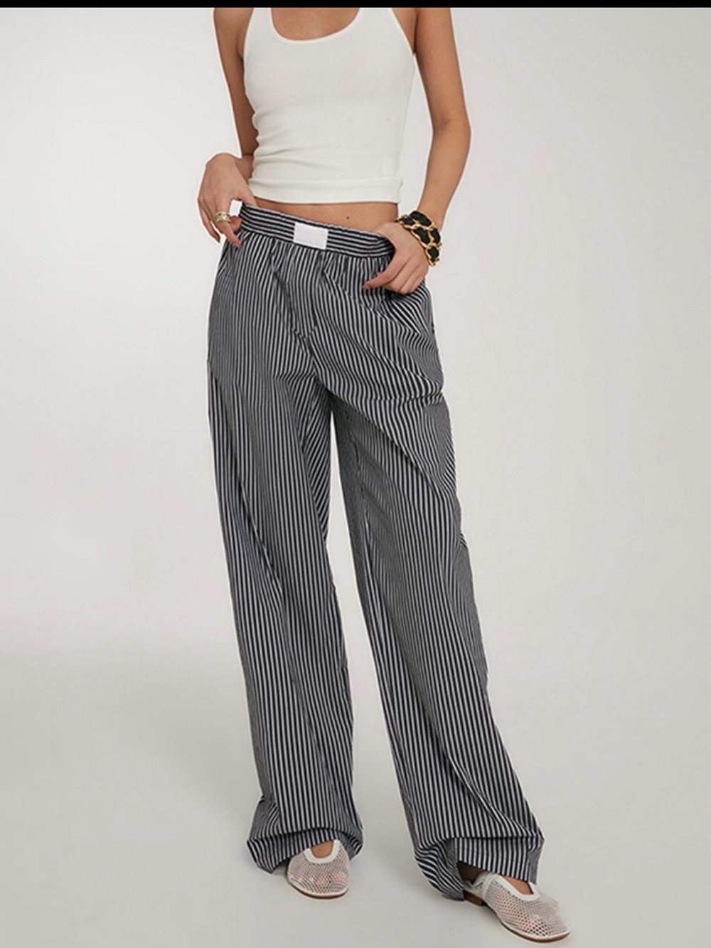 Commense Black and White Vertical-Stripe Wide Leg Pants